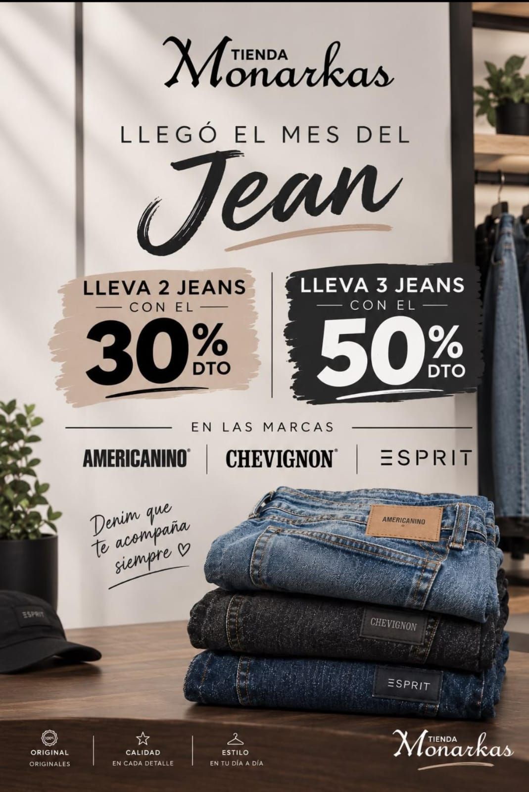 Mes del Jean en Tienda Monarkas: lleva 2 jeans con 30% de descuento o 3 jeans con 50%. Marcas Americanino, Chevignon y Esprit.