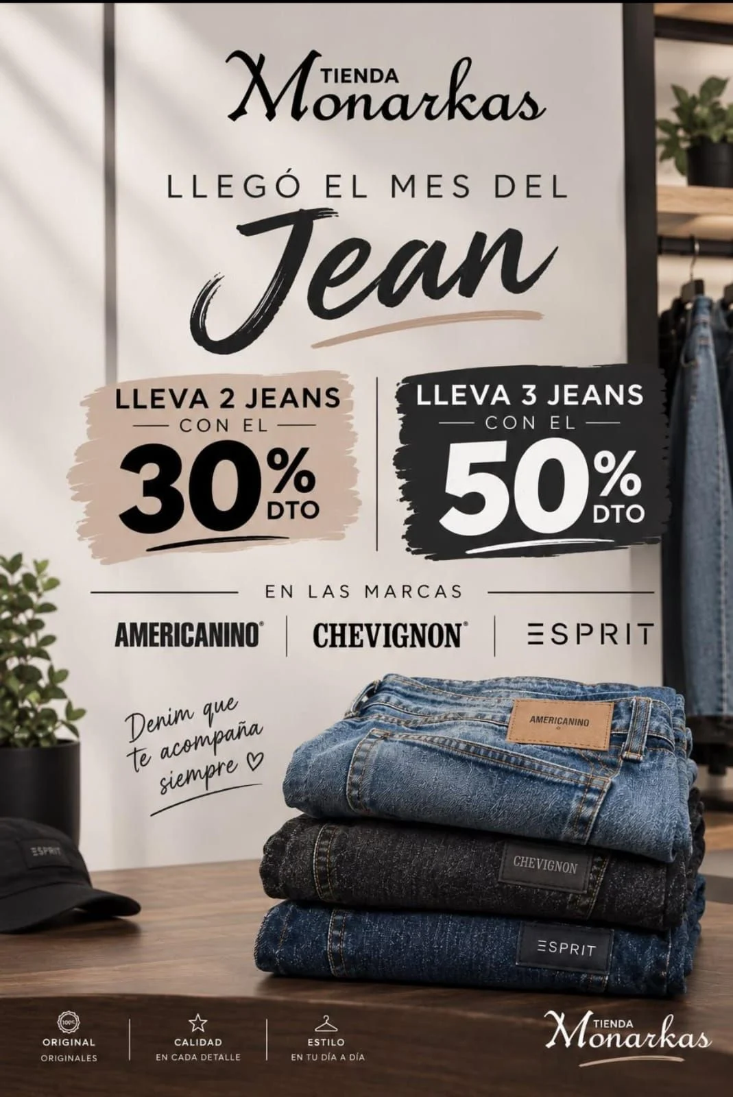 Mes del Jean en Tienda Monarkas: lleva 2 jeans con 30% de descuento o 3 jeans con 50%. Marcas Americanino, Chevignon y Esprit.